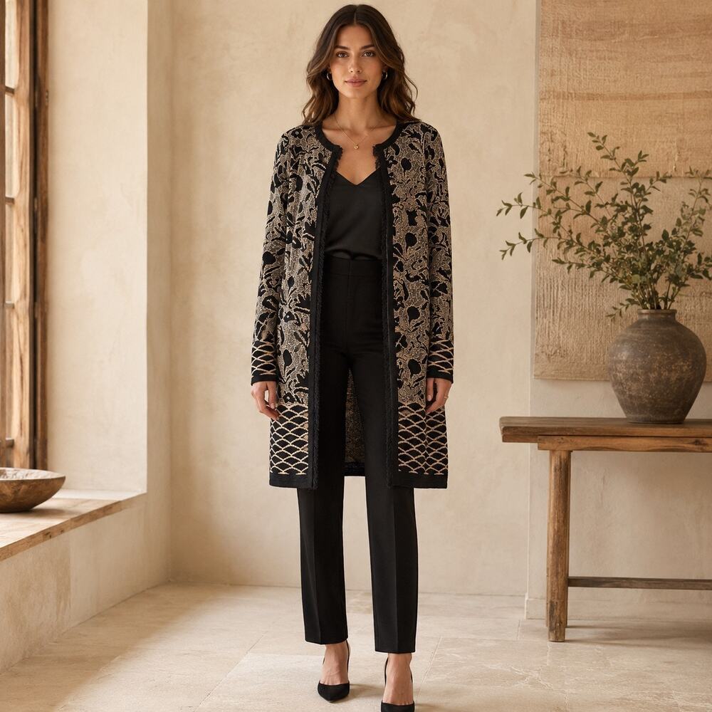 Boho Luxe Artisanal Wool Italian Designer Gottardi Jacquard Long Fringe Cardigan